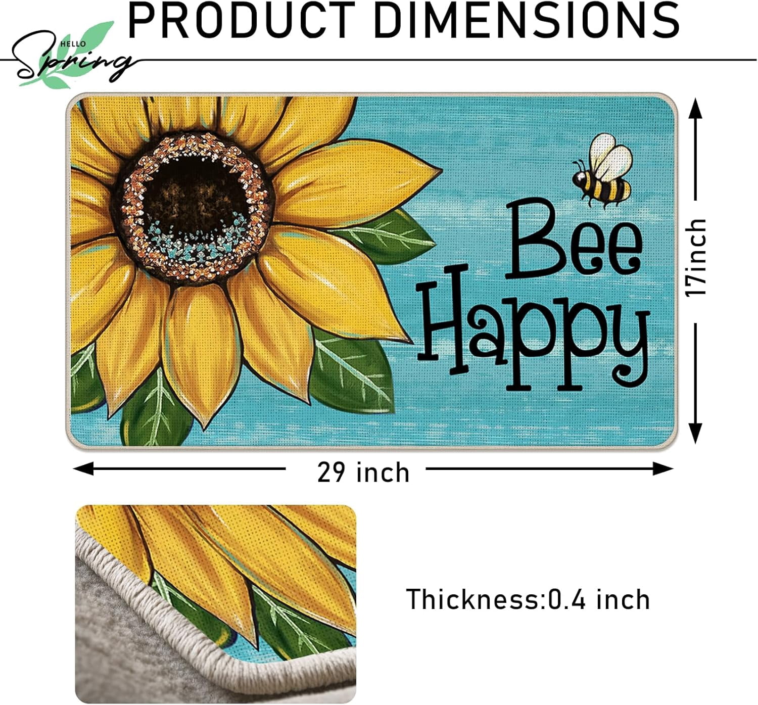 Spring Summer Sunflower Decorative Front Door Mat, Bee Happy Floral Blue Doormat Indoor Outdoor Non-Slip Floor Entryway Rug, Seasonal Home Kitchen Decoration 17x29 Inch
