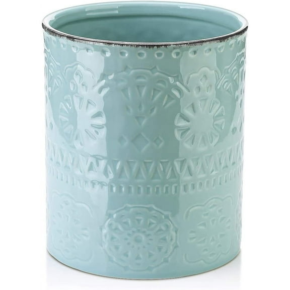 LIFVER Kitchen Utensil Holder, 7.2" Large Utensil Holders for Countertop, Blue Ceramic Utensils Crock, Farmhouse Utensil Caddy