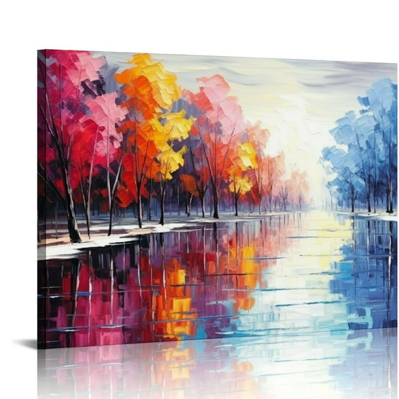 COMIO Large Hand Painted Purple Abstract Textured Tree Wall Art Lake Landscape Oil Painting on Canvas