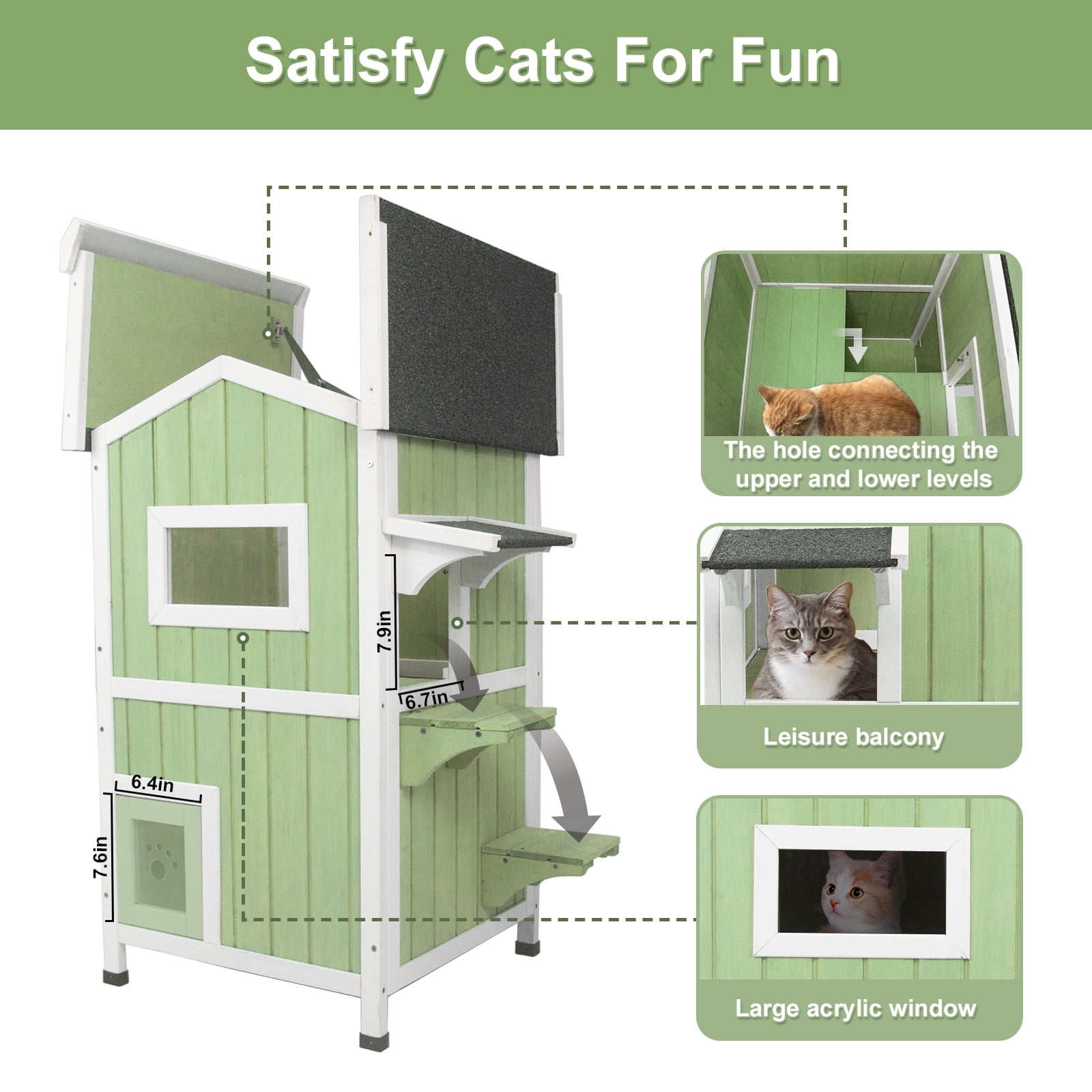 PETSCOSSET Cat House Outdoor Two-Story Wooden Feral Cat Shelter with Asphalt Roof, Green