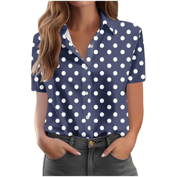 Nfurl Womens Button Down Blouses Trendy Polka Dot Graphic Tees Dressy Casual Work Short Sleeve Collared Shirts Loose Fit Summer Blouses Navy,Size XL