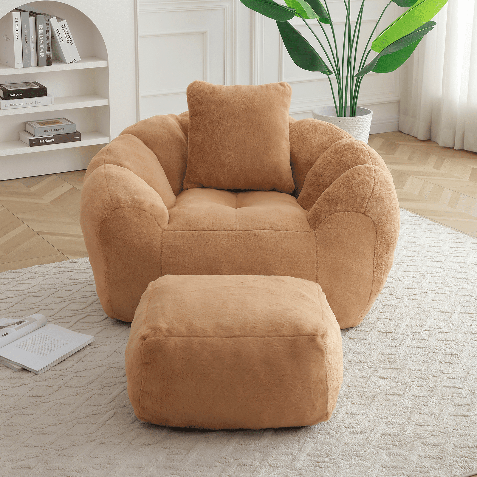Lovableguy Oversized Bean Bag Chair for Adults and Kids,Shell-Shaped Fluffy Faux Fur Lazy Floor Sofa with Foot Stool for Living Room,Dorm,Khaki