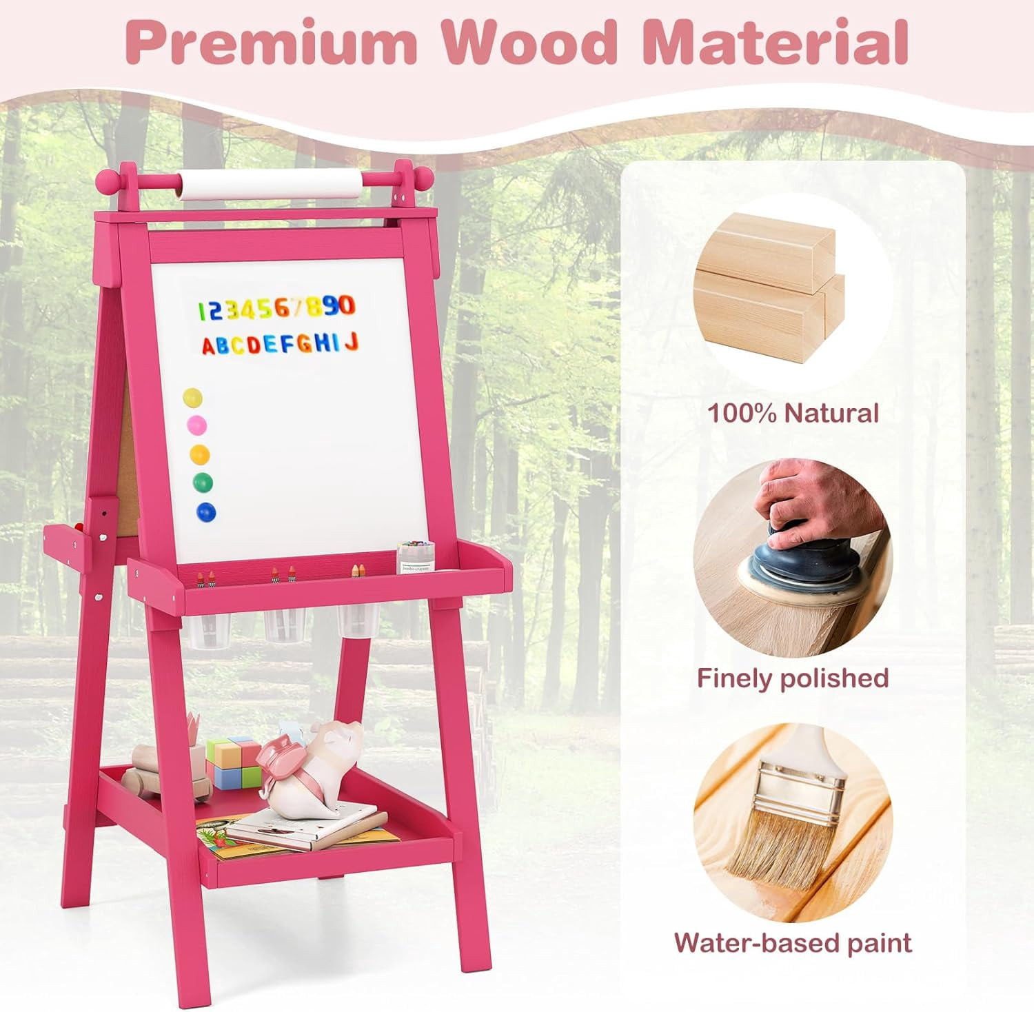 OLAKIDS Easel for Kids, 3 in 1 Adjustable Painting Art Board, Foldable Double-Sided Wooden Drawing Chalkboard Magnetic Whiteboard with Paper Roll, Storage Rack, Cups for Boy Girls