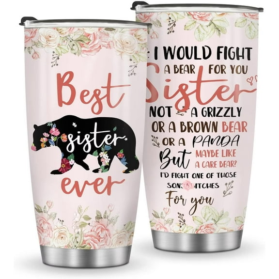 Sister Gifts From Sisters, Coffee Tumbler Mug Gift for Birthday Christmas Valentines Best Friend - 20oz Stainless Steel Slider Lid Insulated Car Home Office Funny Travel Cup