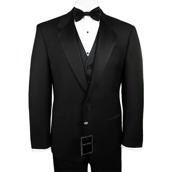 Neil Allyn 7-Piece Formal Tuxedo with Pleated Front Pants, Shirt, Black Vest, Bow-Tie & Cuff Links. Prom, Wedding, Cruise