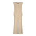 thumbnail image 4 of Jerdar Women Casual 2 Piece Short Sets Summer Leisure Suit Solid Sleeveless V Neck Button Top Pants Suit Set Lounge Set Beige S, 4 of 5