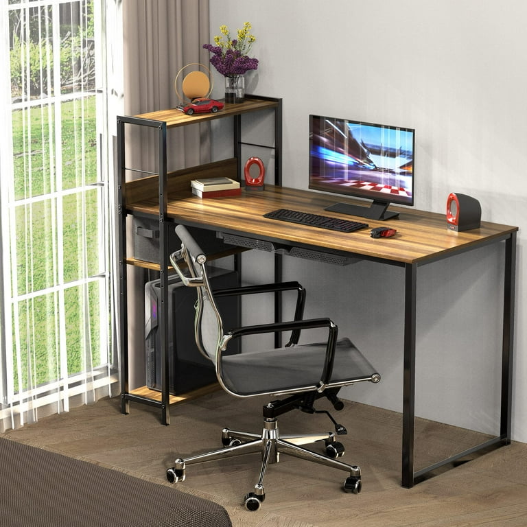 SHW Wood Office Writing 46 Inch Mission Desk with Side Shelf Walnut Walmart