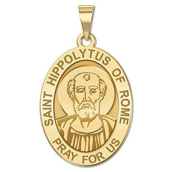 Saint Hippolytus of Rome OVAL Religious Medal  - 3/4 Inch X 1 Inch -Solid 14K Yellow Gold