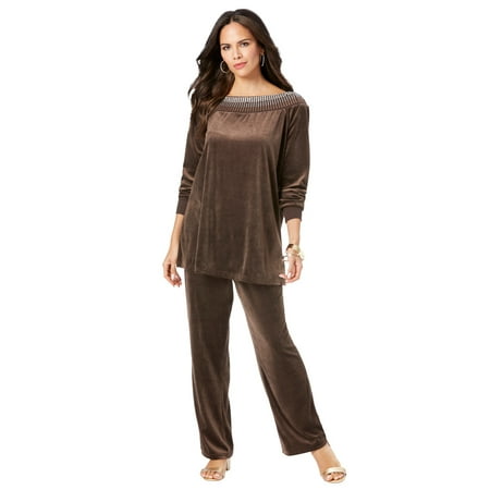 Roaman's Women's Plus Size Rhinestone-Detailed Velour Set