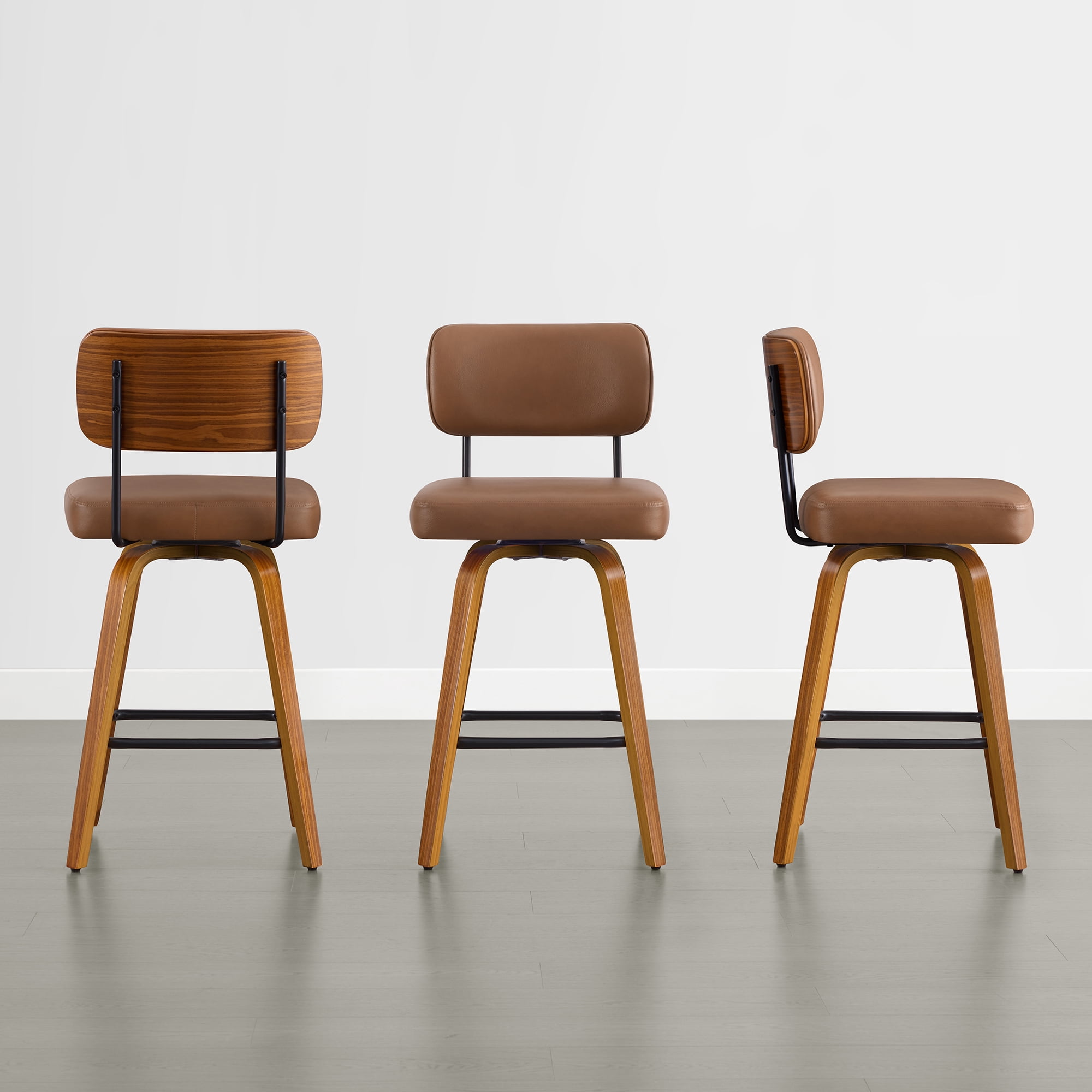Spruce & Spring 26" Swivel Counter Bar Stool with Walnut Bentwood Frame Set of 3, Upholstered Back, Brown