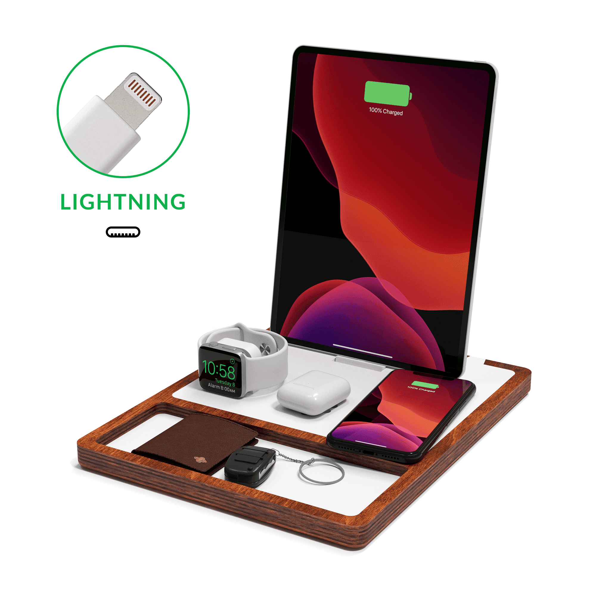 NytStnd QUAD TRAY Wireless Charger With iPad Dock, White Top Oak Wood