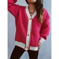 thumbnail image 4 of Women'S Contrast Color Button Down Sweater Oversized V-Neck Ribbed Knit Coat Cardigan Rose Red M, 4 of 8