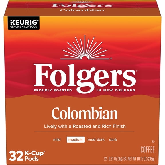 Folgers Colombian Coffee, Medium Roast, Keurig K Cup Pods, 32 Count Box