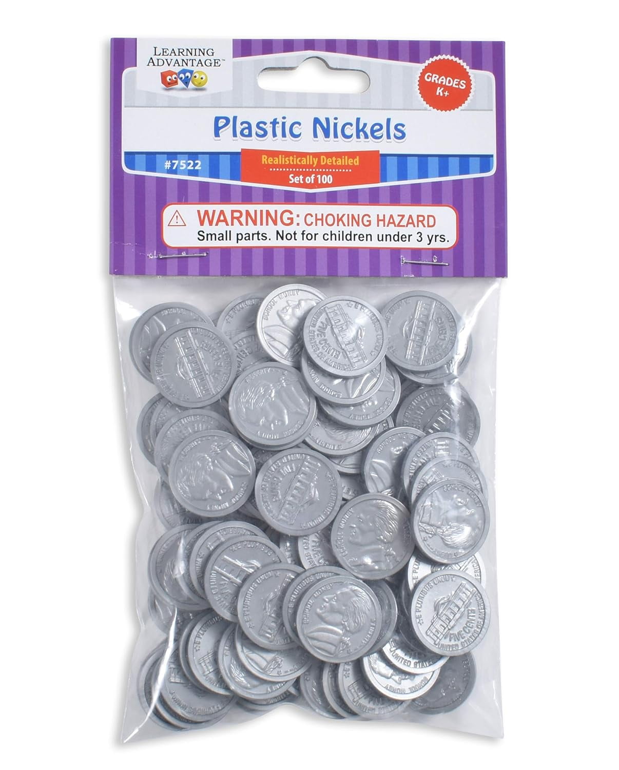 LEARNING ADVANTAGE-7522 Play Nickels - Set of 100 Plastic Coins - Designed and Sized Like Real US Currency - Teach Money Math With This Pretend Play Resource
