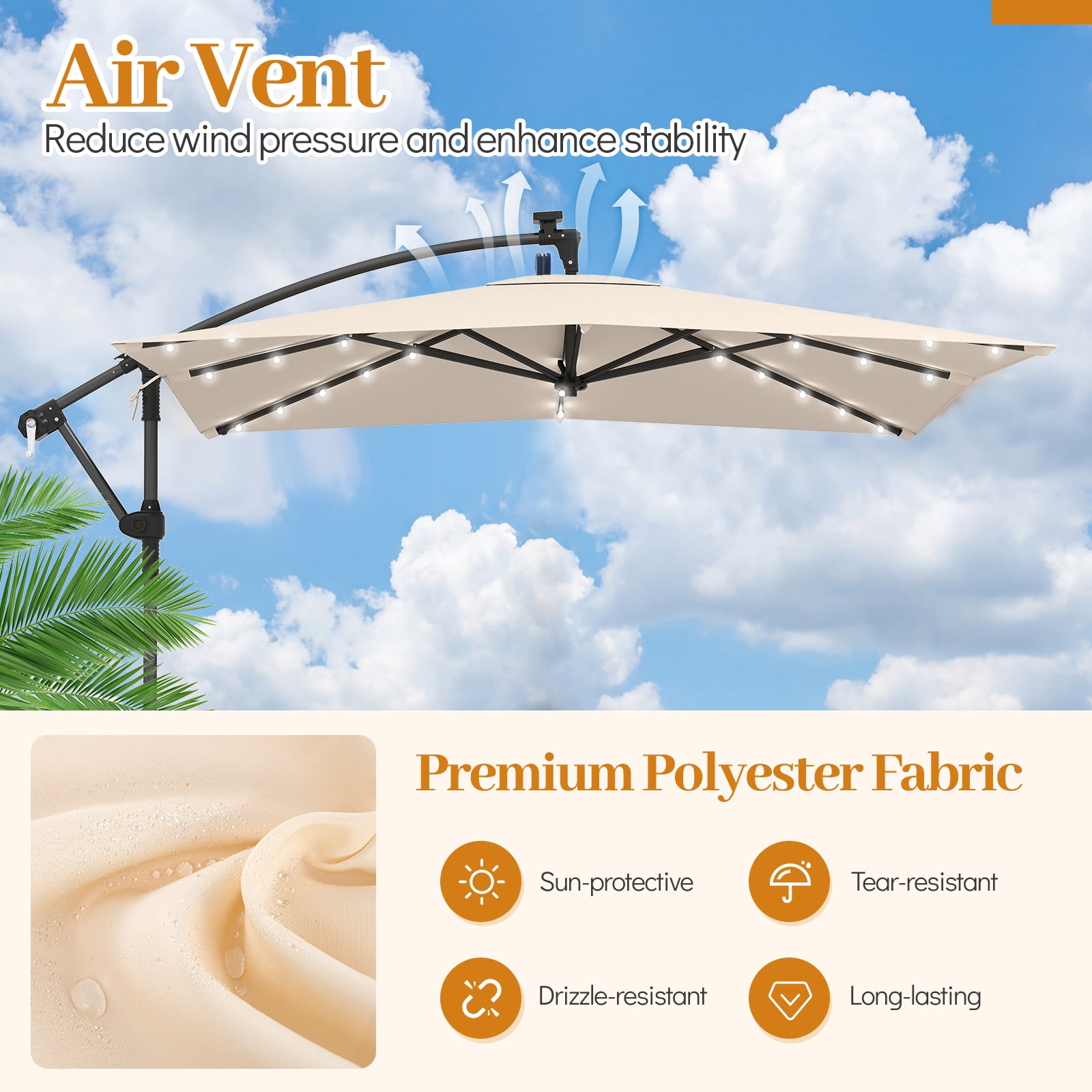 Costway 8 x 8 FT Solar LED Offset Cantilever Patio Umbrella, Square Hanging Outdoor Beige