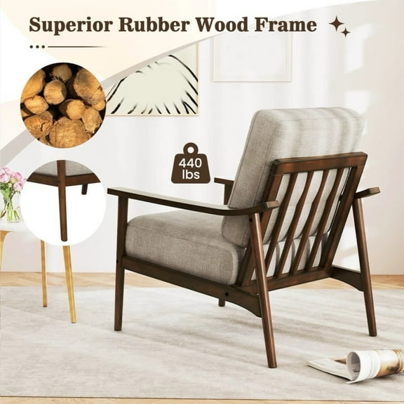 Auranook Modern Accent Chair Upholstered Leisure Armchair w/ Rubber Wood Armrests & Legs