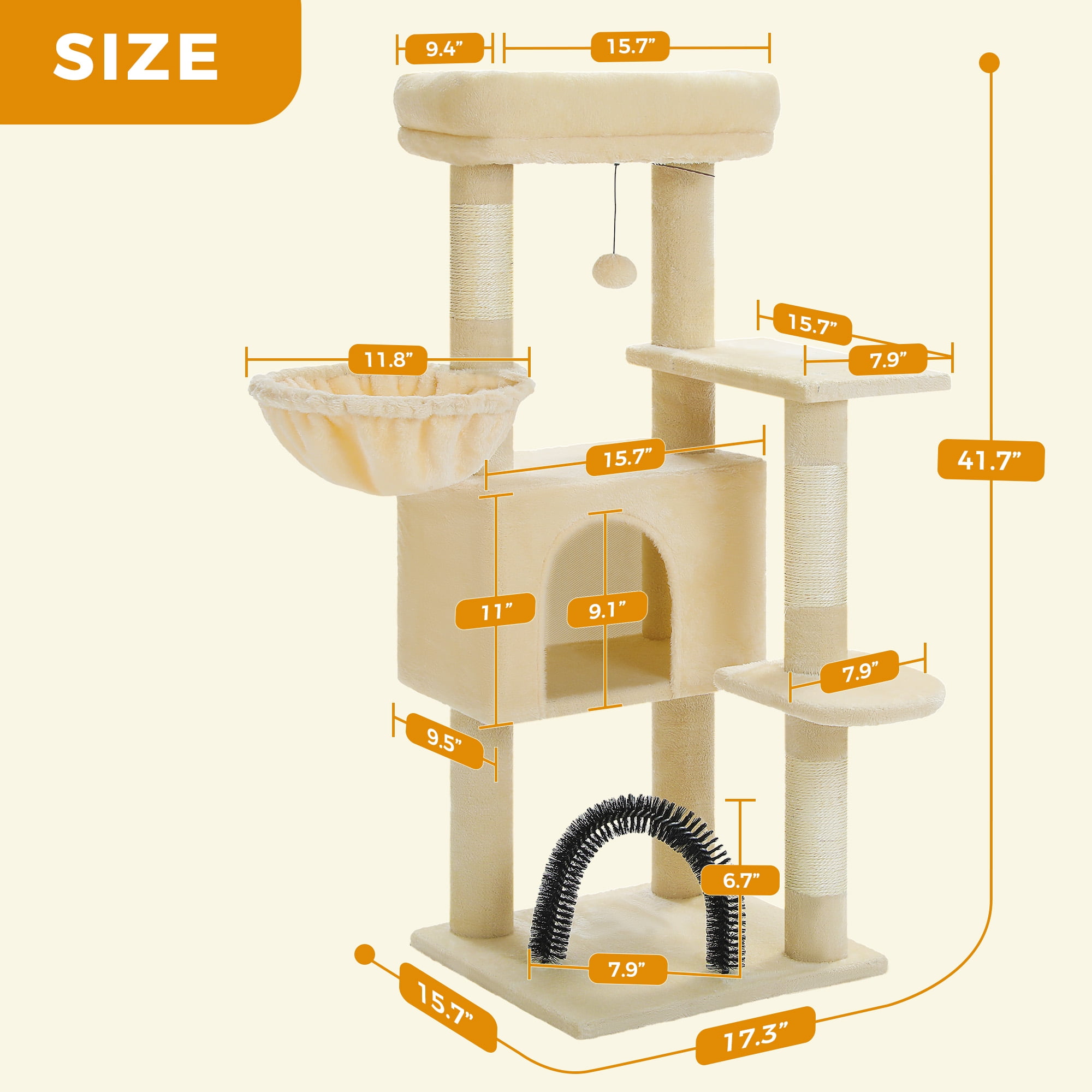 PAWZ Road 42" Cat Tree Condo With Large Perch Scratching Posts for Indoor Cats, Beige