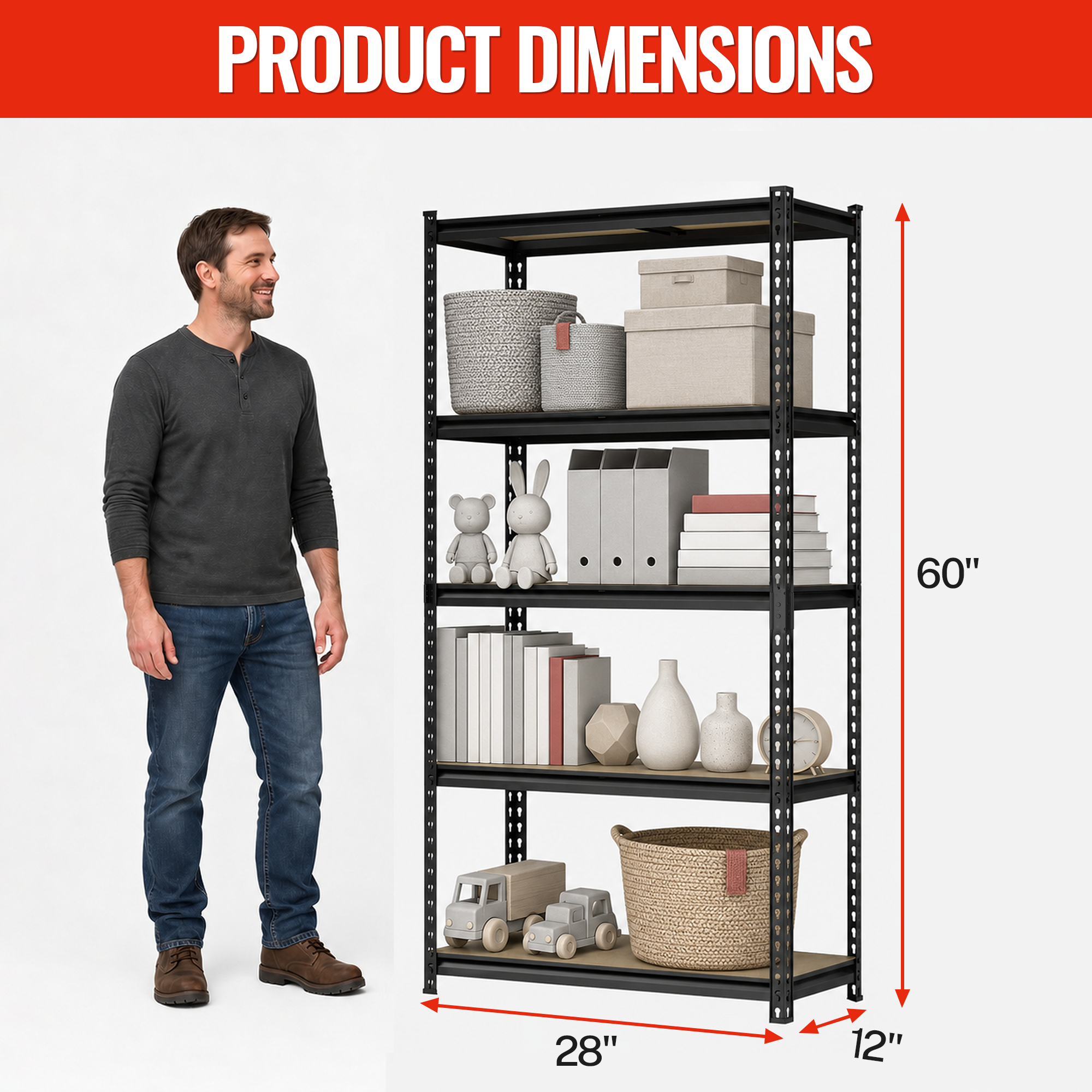 WorkPro 5-Tier Heavy-Duty Storage Shelf, 28"W x 12"D x 60"H, Black photo 3
