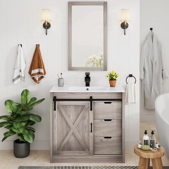 Blotout 36" Bathroom Vanity with Sink & Faucet & Mirror, Farmhouse Bathroom Vanity Cabinet Set with Sliding Barn Door & 3 Drawers, Freestanding Single Bath Storage Vanity Ceramic Sink, Grey