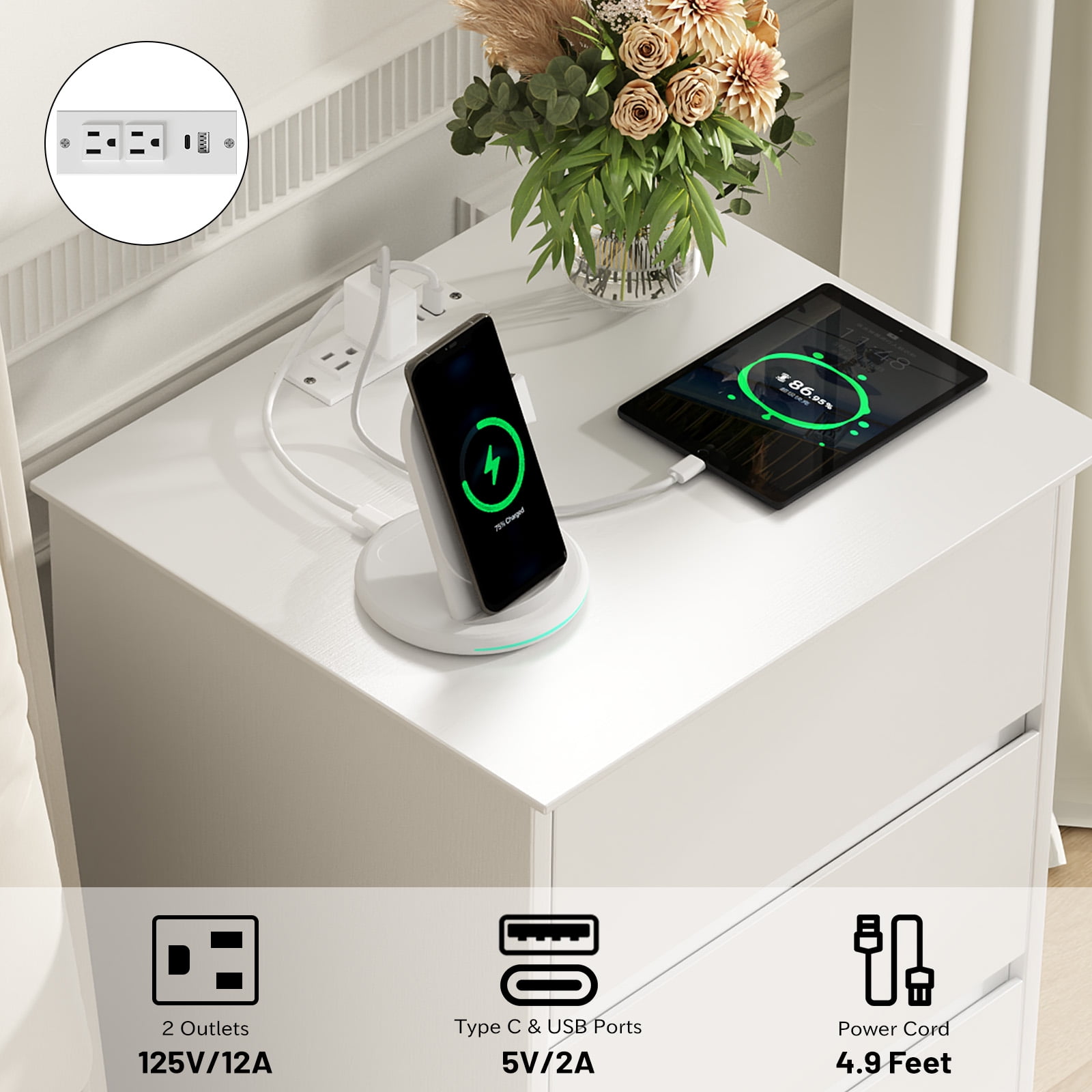 Nightstand Set of 2 with Charging Station, 3 Drawers Nightstand Modern Bedside Table End Table for Bedroom Living Room, White