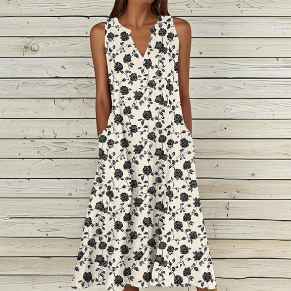 Dolkfu V-Neck Dresses for Women Refreshing Multicolor Sleeveless Long A-Line Dresses Floral Relaxed Fit Romance Printed Dresses Multicolor,L