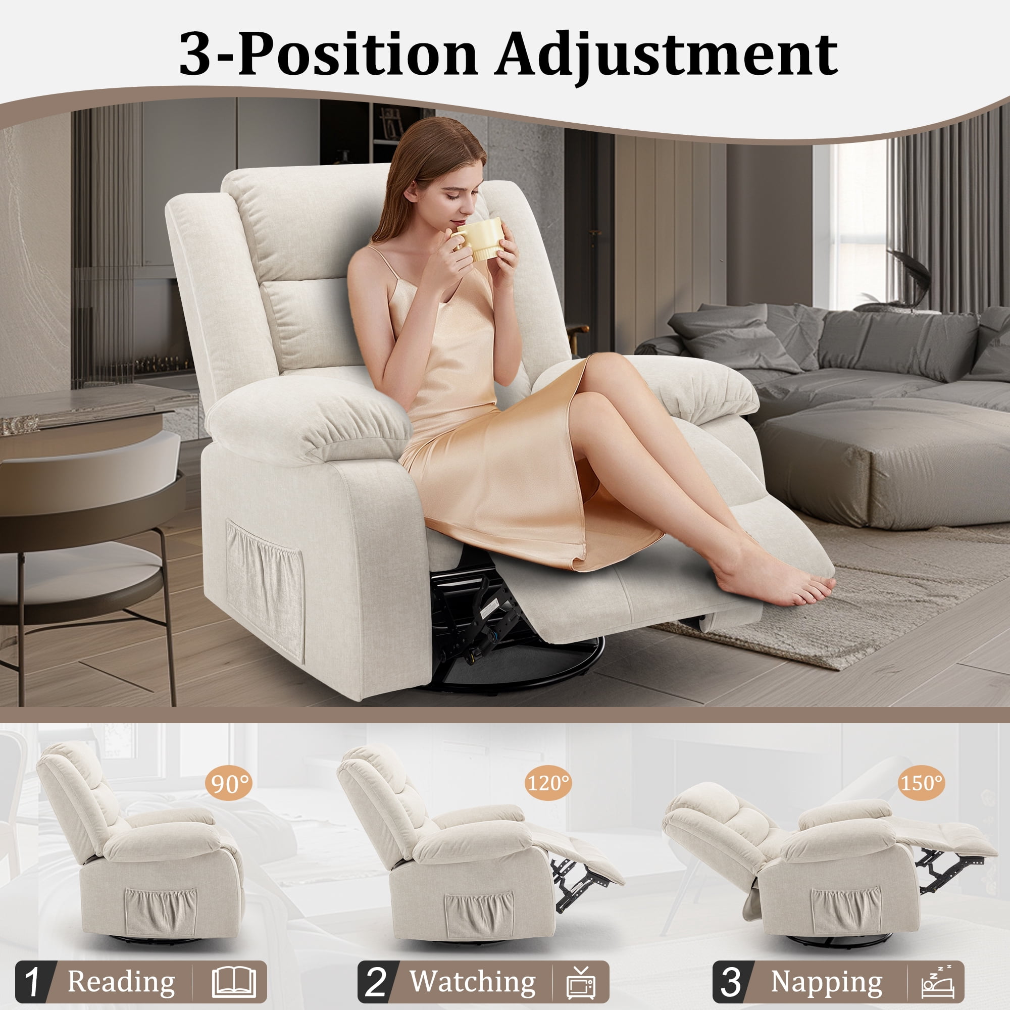 Korser Oversized Swivel Rocker Recliner Chair for Adults 40.6'' Wide for Nursery Living Room,Beige