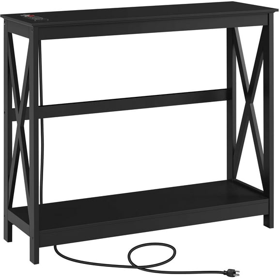 SSyao 2 Tier X-Design Console Table Sofa Side Table with Storage Shelf for Living Room Narrow Space, Entryway and Hallway-with Power Outlet-Black
