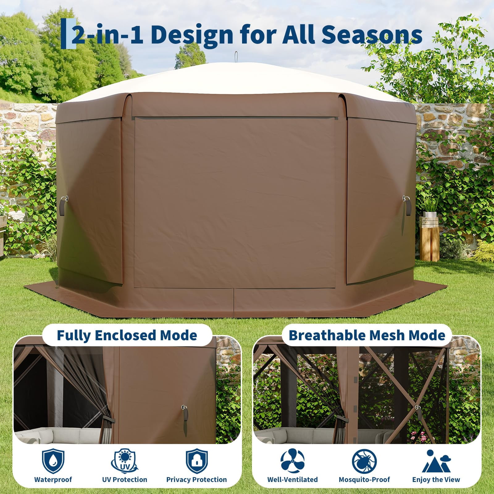 13x13FT 6-Sided Pop Up Canopy Tent，One-Push Setup Canopy Tent with Removable Canopy Top & Wind Cloths, Outdoor shelter for Camping, Backyard Parties, Outdoor Events - Khaki