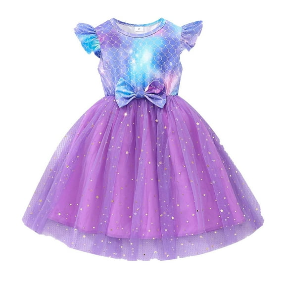 MEZZALL Little Girls Tule Tutu Dress Rainbow Toddler Kids Flutter Sleeve Princess Sundress Casual Summer Outfits Clothes For 2 7Y, Purple, 4-5 Years