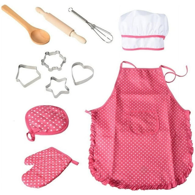 Delantal de 11 Uds para niñas pequeñas, juego de cocina para hornear, gorro de Chef, guante y utensilio para niños pequeños, disfraz de Chef, juego de rol