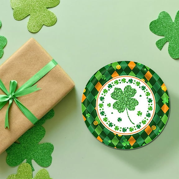 St. Patrick's Day Paper Plates Green Plaid Shamrock Round Disposable Dinnerware Dinner Plates 9'' Lucky Clover Decorative Tableware for Irish Holiday Party Supplies Table Decor Serves 24
