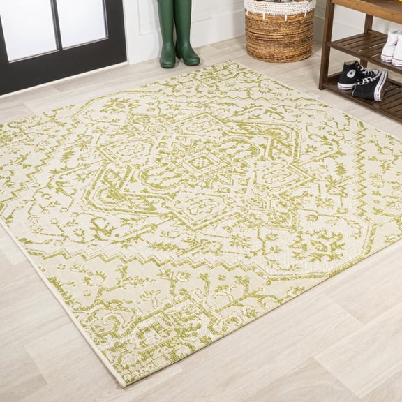 JONATHAN Y SANTA MONICA 5' Square Area Rug, Estrella Bohemian Medallion Textured Weave - Cream/Green, SMB105E-5SQ