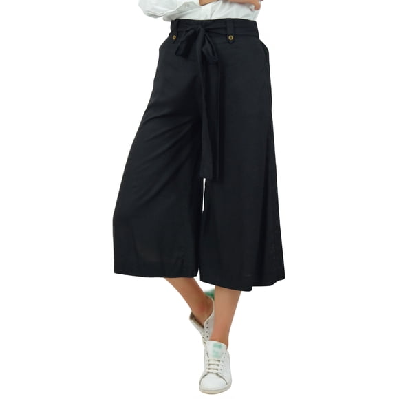Bimba Women's Rayon Capri Wide Leg Culottes with Back Elastic Casual Summer Pants With Belt Navy Blue - XX-Large