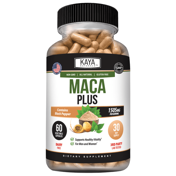 Kaya Naturals MACA Plus (60 Capsules) | Maca Root Capsules for Women and Men | Black Pepper with Red, Yellow, and Black Maca Root Powder | Natural Energy Supplement and Herbal Supplement