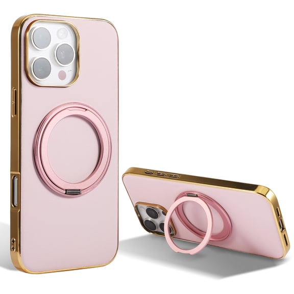 Ring Stand for iPhone 14 Pro Case, [Magnetic Compatible with Mag-Safe & Support Car Mount] Shockproof Plating Frame PU Leather Phone Case, Rotatable Stand Phone Cover for iPhone 14 Pro, Pink