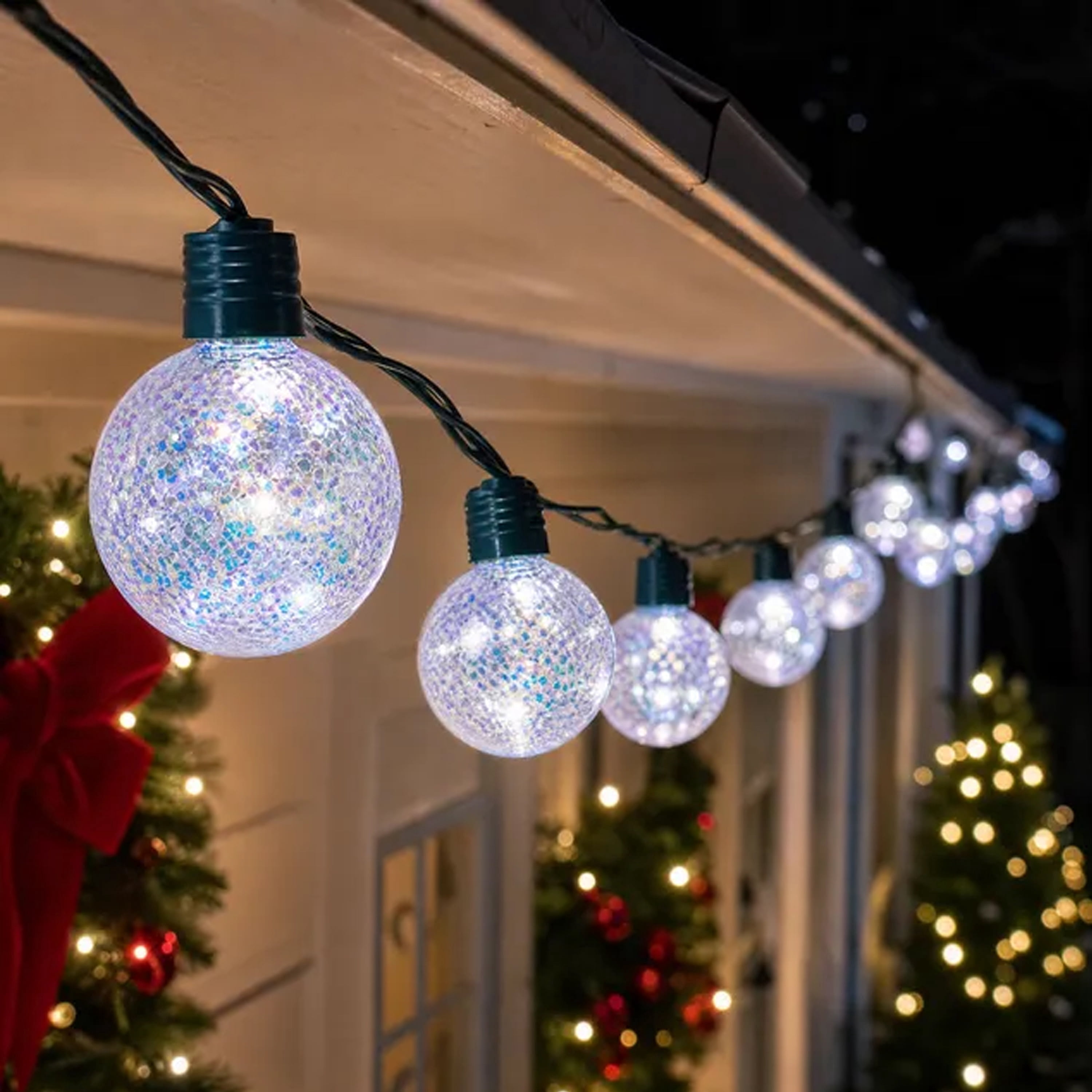 Indoor/Outdoor 10-Count LED 8-Function Glittering G80 Globe Christmas String Lights, Cool White, Green Wire, 13.5', by Holiday Time