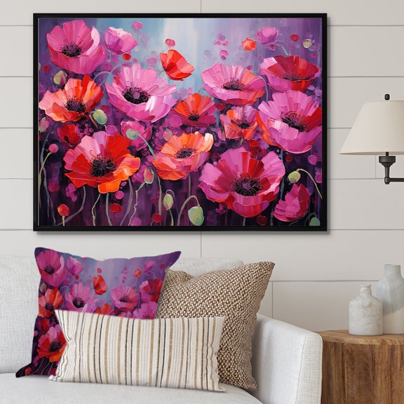 Designart "Magical Magenta Fields Of Poppies" Poppies Floater Framed Canvas Art Print