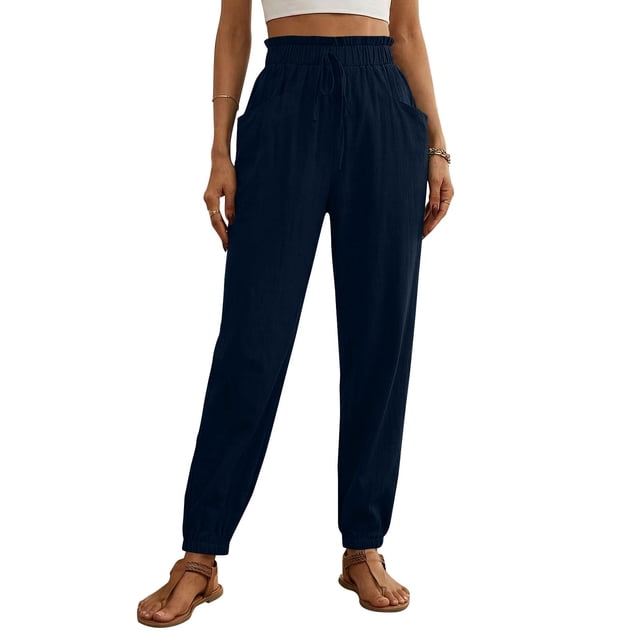 Pantalones de cintura elástica para las mujeres Color sólido empaquetado pies cordón longitud completa cónico Jogger bolsillos pantalones verde oliva mujeres