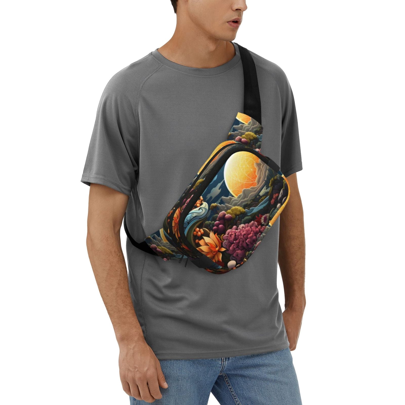 Picia Sunset Floral Fantasy Landscape Print Square Double-Layer Waist Bag Mini Adjustable Waist Belt Bag Exercise Running Travel Hiking