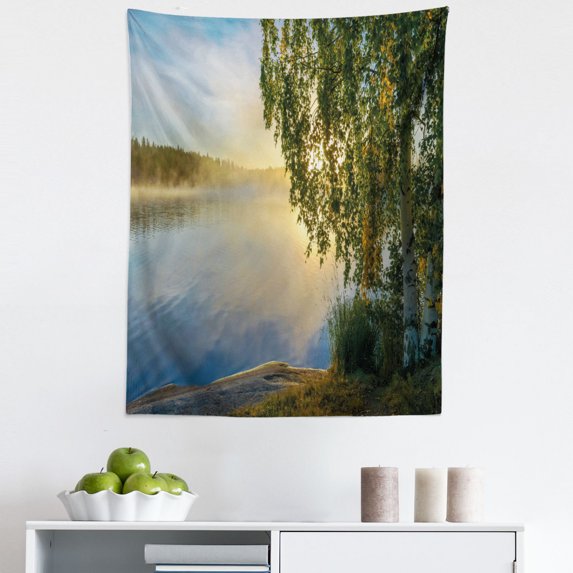 Tree Tapestry, Sunny Day by Misty Lake Tree Summer Season Horizon August Landscape, Fabric Wall Hanging Decor for Bedroom Living Room Dorm, 5 Sizes, Fern Green Pale Blue, by Ambesonne