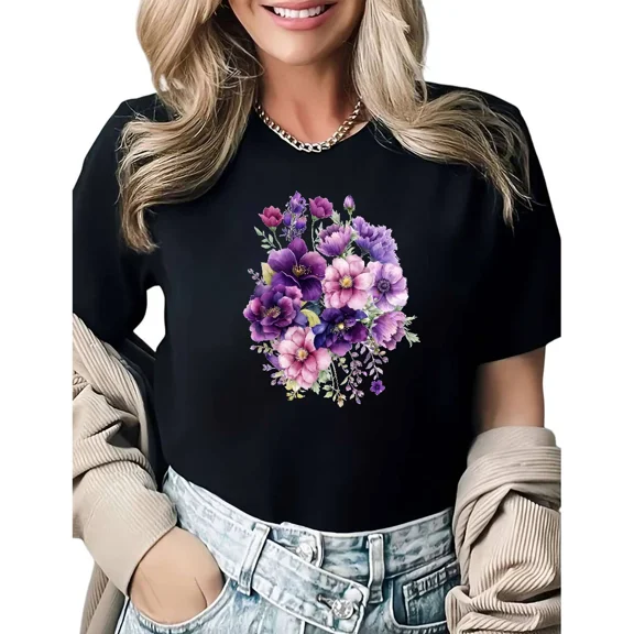 UNISHE Unisex Retro Ink Wash Purple Assorted Wildflower Graphic Short Sleeve T-Shirt Premium Comfy Cotton Standard Crewneck Straight Fit Black Casual Tee
