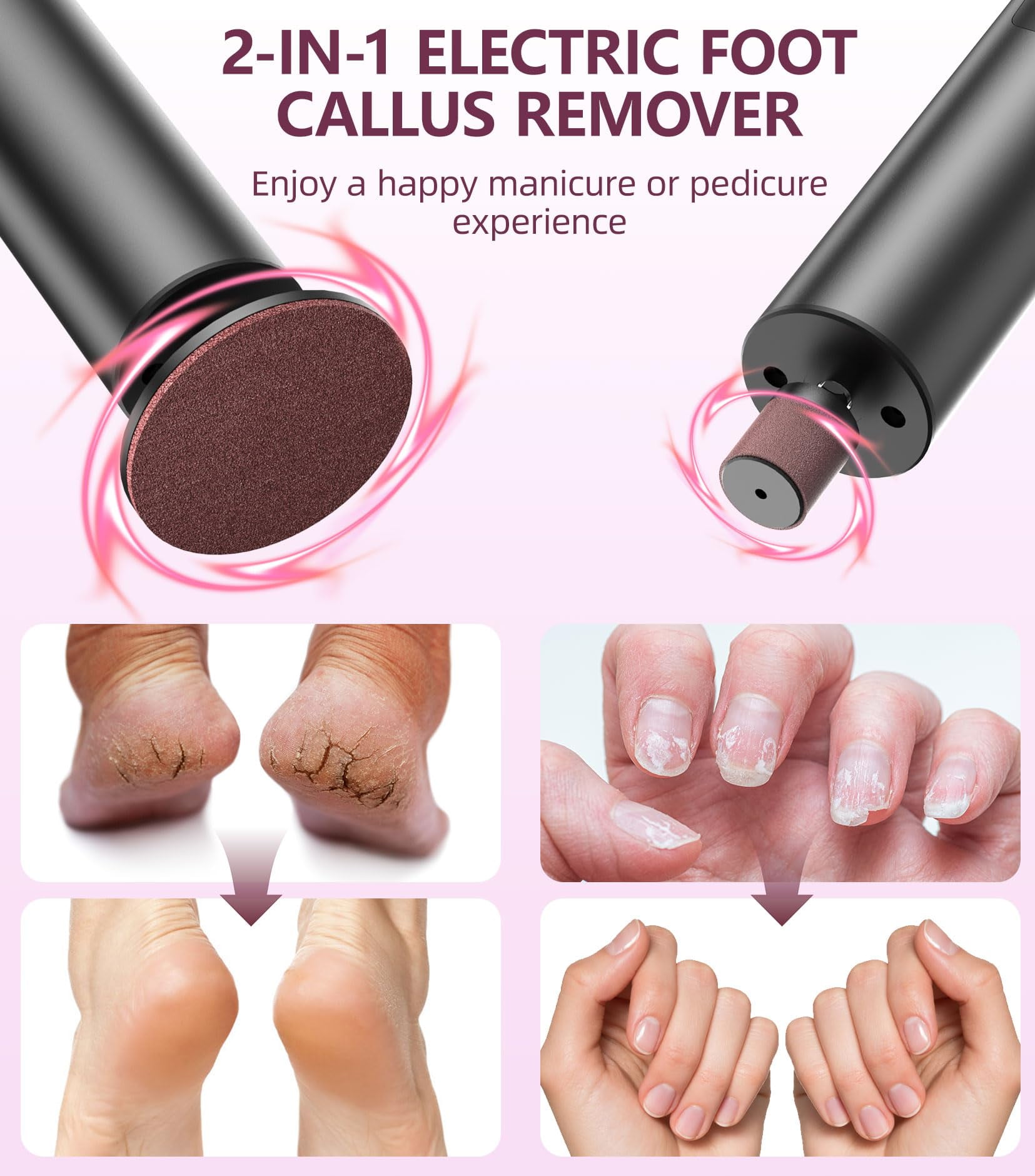 JUUTREN Electric Callus Remover for Feet, Foot File Nail Drill 2 in 1, Rechargeable Dermave Foot Callus Remover With 30pcs Sandpaper Disk, Professional Pedicure Tools for Dry Dead Skin, 6 Speed
