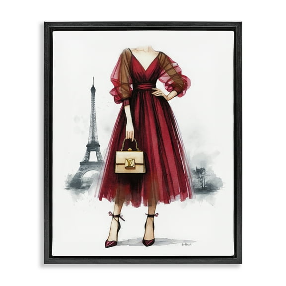 Stupell Industries Parisian Girl in Dress Fashion Painting Black Floater Framed Canvas Art Print Wall Art, 17 x 21