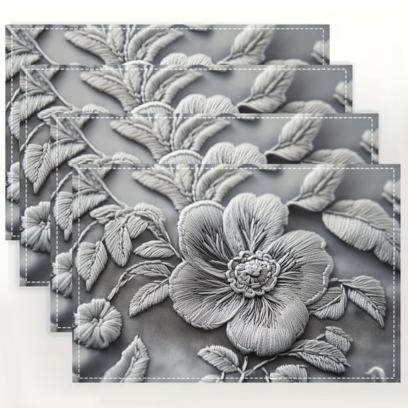 4-Pack Linen Placemats, 12x18inch, Spring Flower Gray Pattern, Woven Rectangular Table Mats, Hand Wash Only, Decorative Dining & Kitchen Home Decor