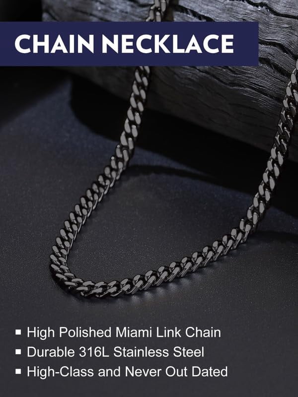Bandmax 5MM Stainless Steel Mens Chain Necklaces Miami Cuban Link Black Chain for Men 18 Inches Chunky Cuban Chain Men Jewelry Birthday Valentines Father Day Gift for Dad Son Husband