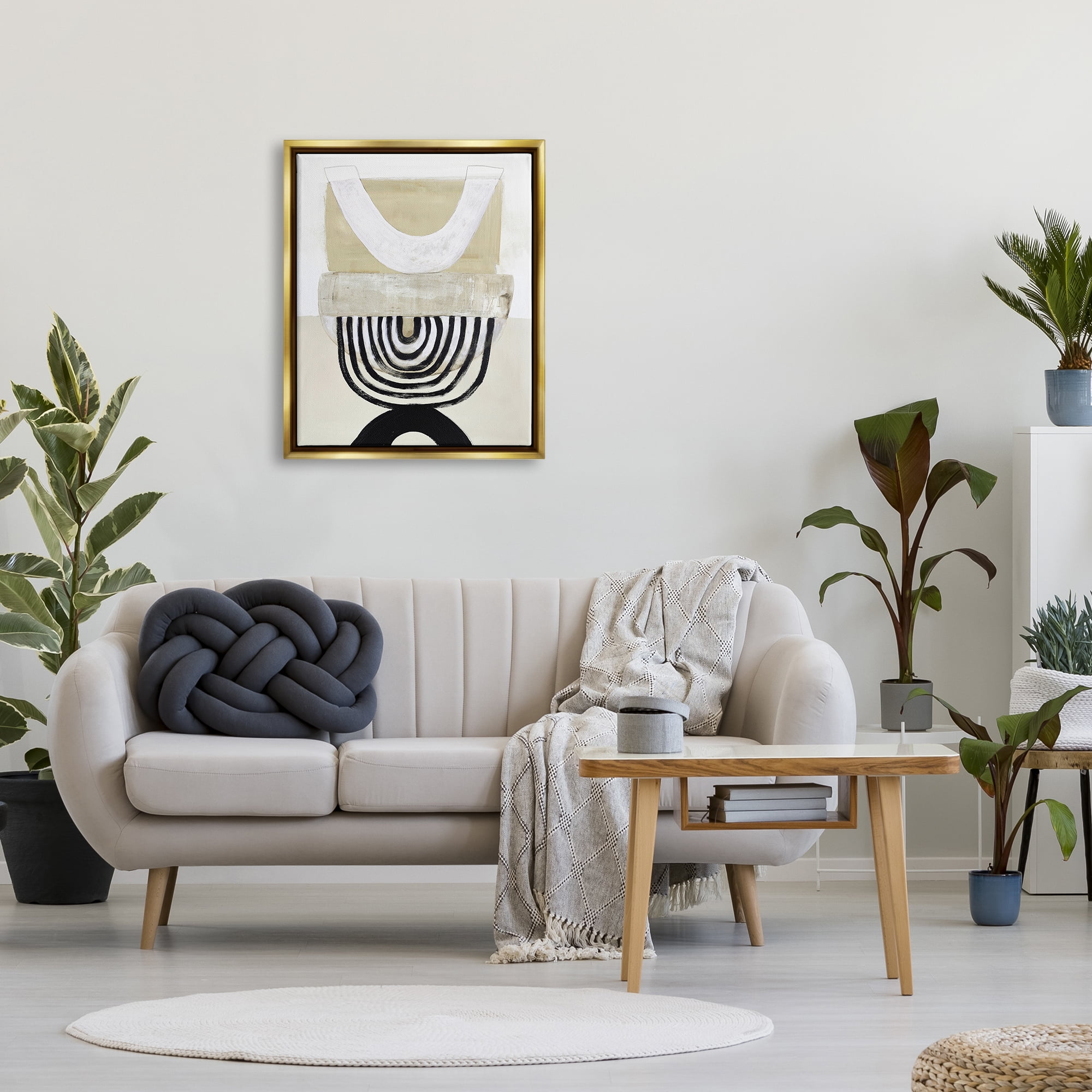 Stupell Industries Beige & Black Arches Abstract Painting Gold Floater Framed Art Print Wall Art, 25 x 31