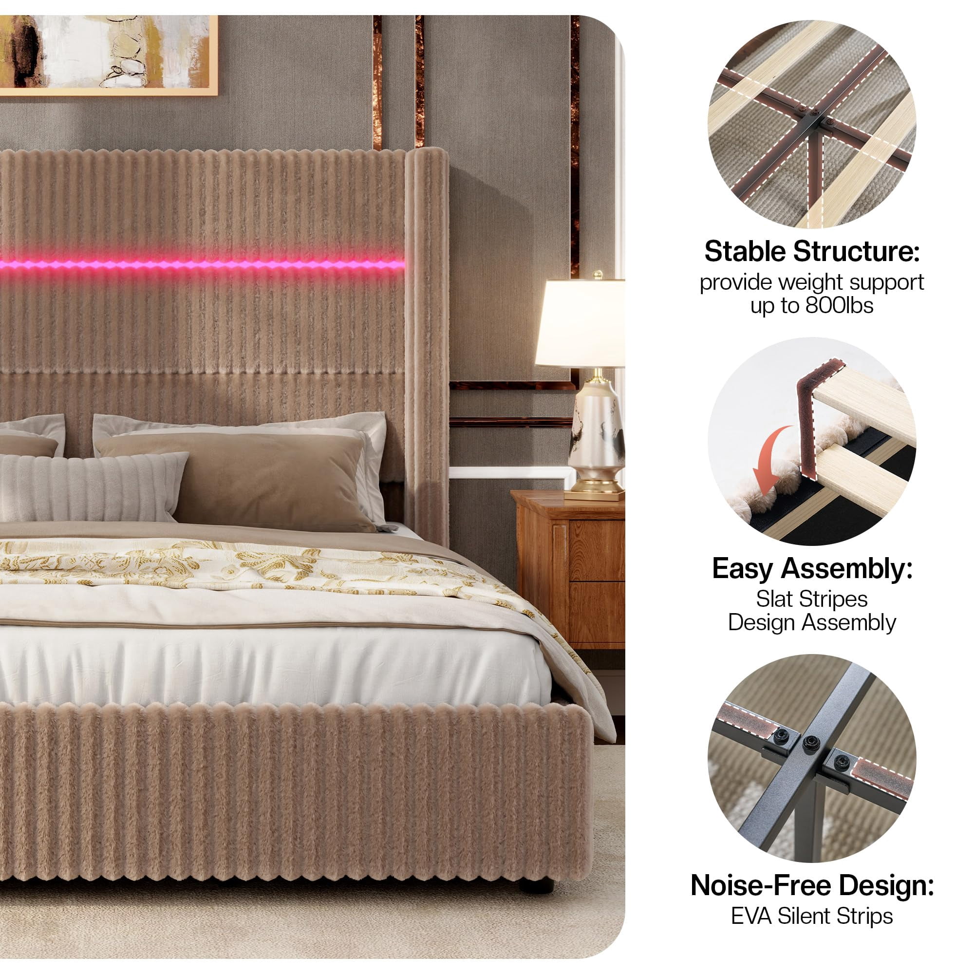VanAcc 51.2" H Full Size LED Bed Frame, Corduroy Upholstered Platform Bed with 4 Storage Drawers & Charging Station Wingback Headboard, Dark Khaki