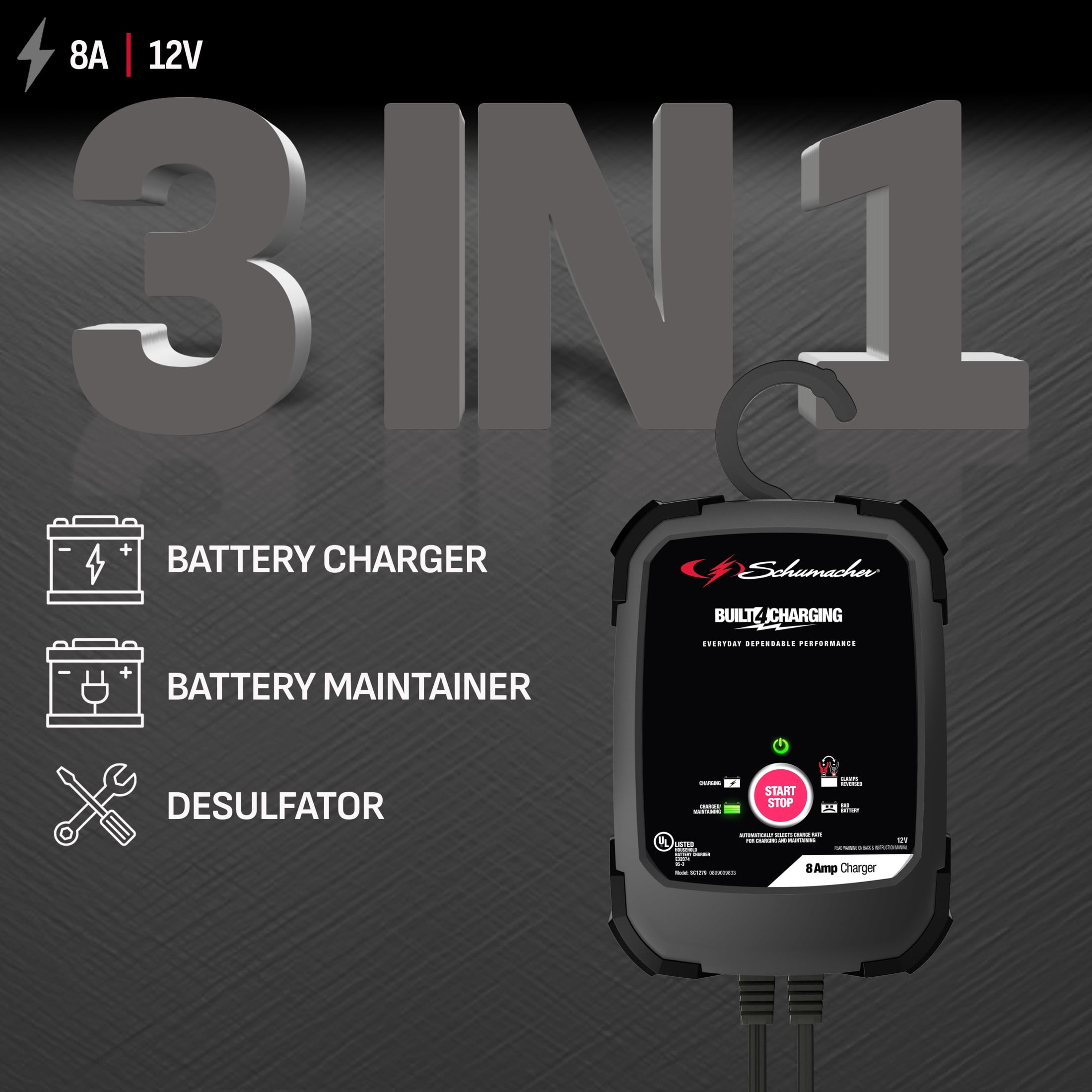 Schumacher Electric 8A Car Battery Charger and Maintainer, 3-in-1 Solution, 12V Sport, Auto, and Marine Batteries, SC1279
