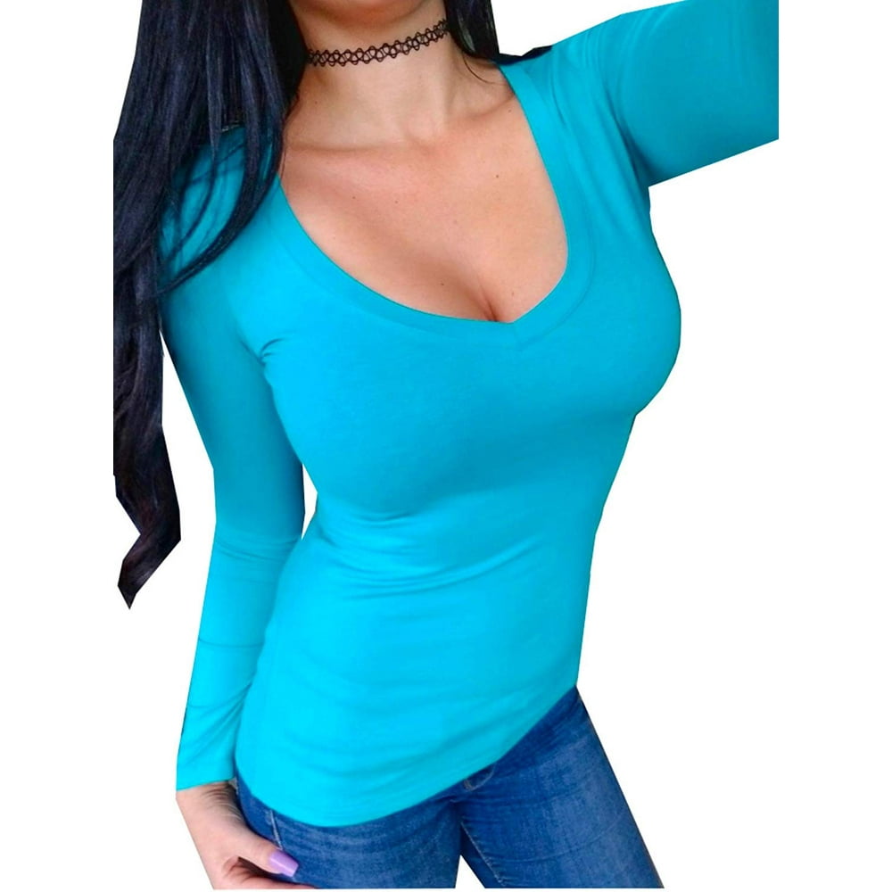 Kaylee Xo Kaylee Xo Women S Long Sleeve V Neck Low Cut Sexy Solid Stretchy Shirt Top Walmart