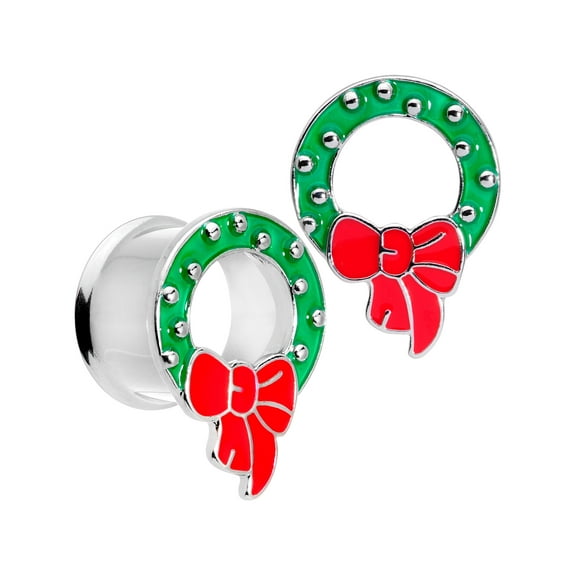Body Candy 2Pc 316L Steel Double Flare Tunnel Plug Christmas Wreath Ear Plug Gauges Set of 2 5/8"